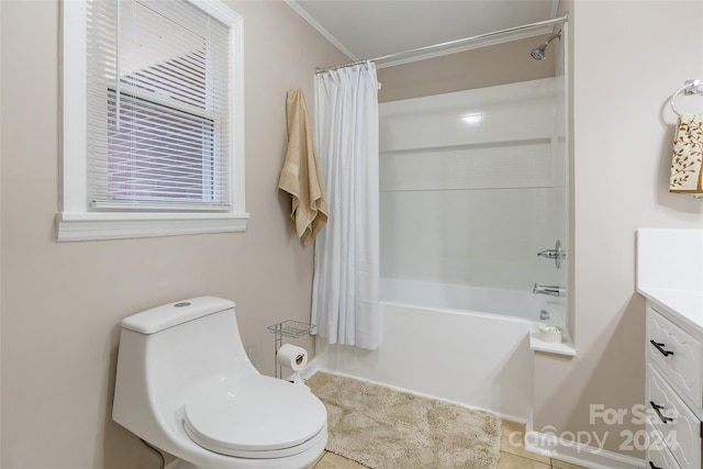 full bathroom with shower / bath combination with curtain, tile patterned floors, ornamental molding, vanity, and toilet