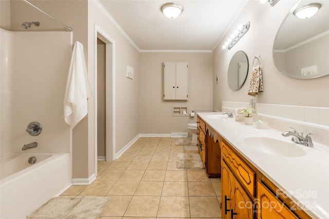 full bathroom featuring vanity,  shower combination, crown molding, tile patterned flooring, and toilet