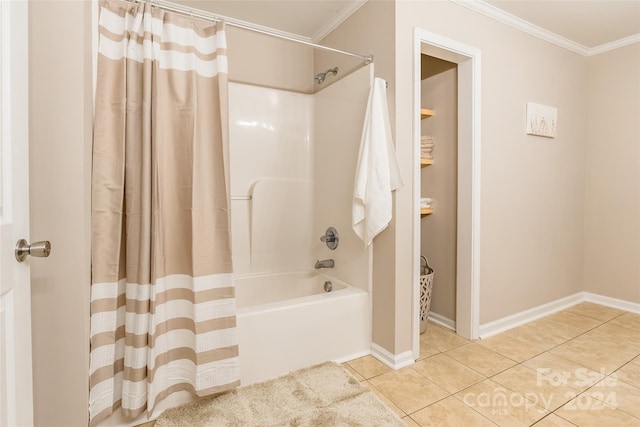 bathroom featuring tile patterned floors, shower / bath combo, and crown molding