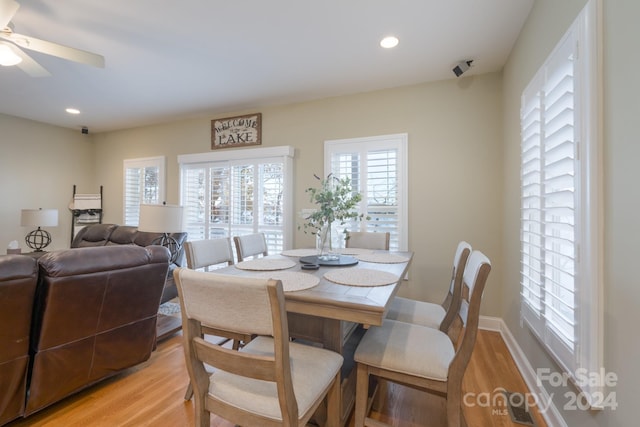 dining room with ceiling fan and light hardwood / wood-style floors