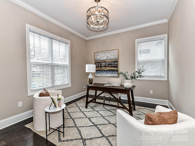 office area featuring dark hardwood / wood-style floors, a chandelier, and ornamental molding