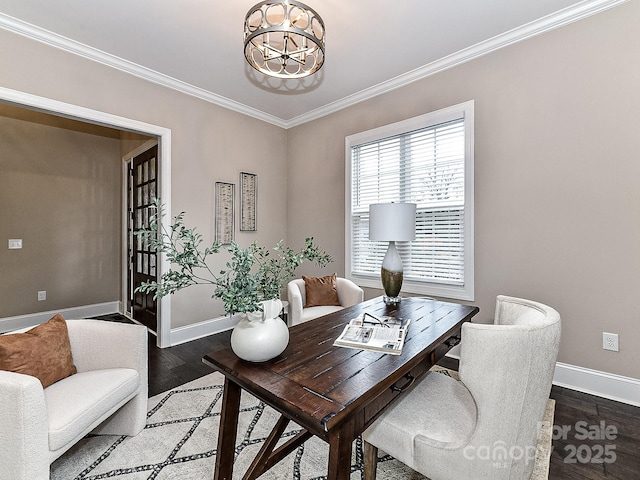 office featuring a notable chandelier, crown molding, and dark hardwood / wood-style floors