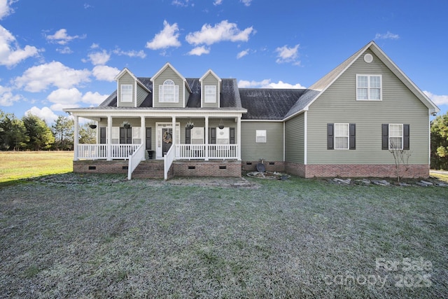 view of front of property with a porch, crawl space, roof with shingles, and a front lawn