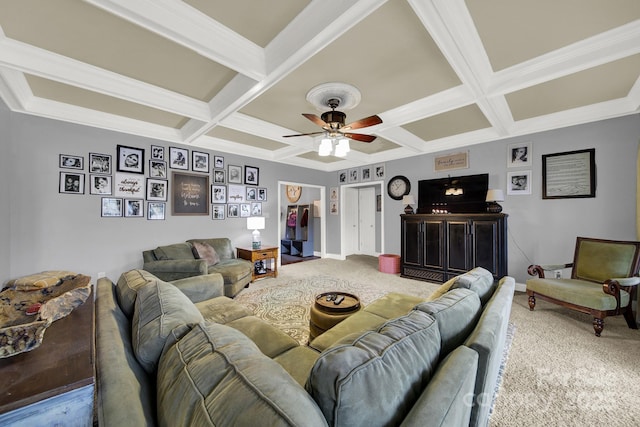 carpeted living room with baseboards, a ceiling fan, and coffered ceiling