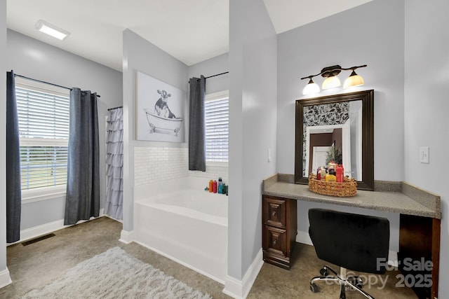 full bathroom with vanity, a shower with shower curtain, baseboards, visible vents, and a bath