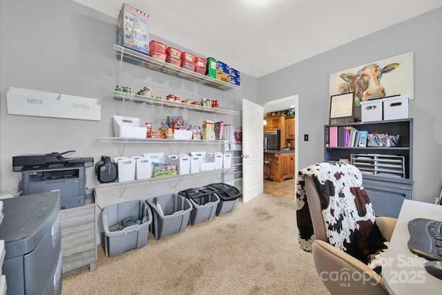 interior space featuring carpet floors and refrigerator