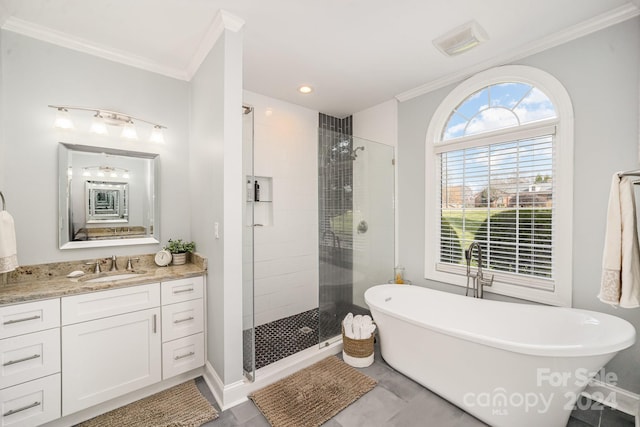 bathroom featuring vanity, independent shower and bath, and ornamental molding