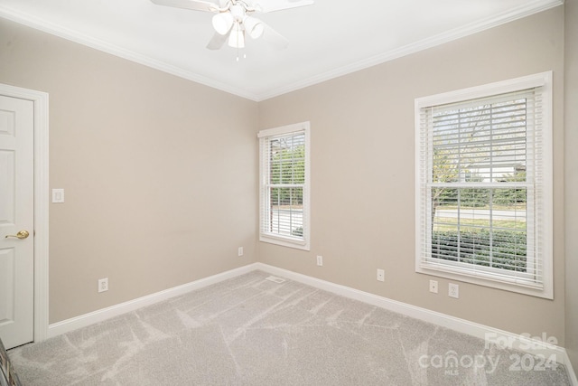 spare room with carpet flooring, a wealth of natural light, ornamental molding, and ceiling fan