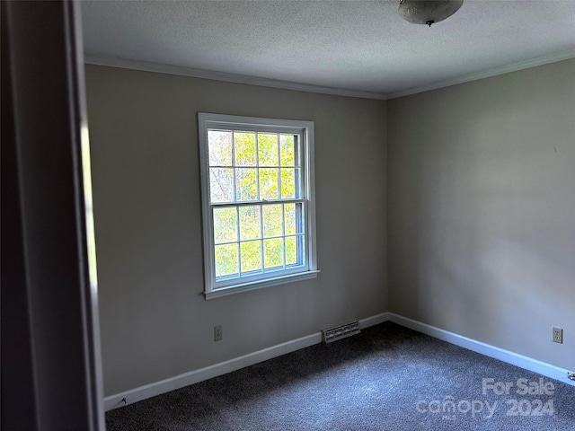 carpeted empty room featuring a textured ceiling and ornamental molding