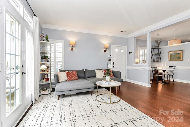 living room with hardwood / wood-style floors and crown molding