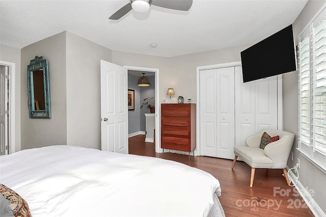 bedroom featuring ceiling fan, dark hardwood / wood-style floors, multiple windows, and a closet