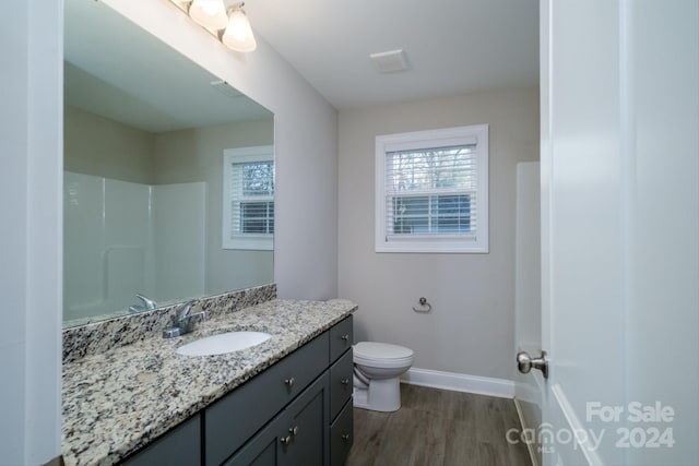 bathroom featuring a shower, hardwood / wood-style floors, vanity, and toilet