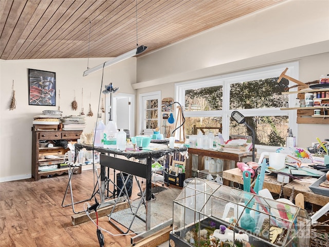 misc room with wood ceiling, vaulted ceiling, and hardwood / wood-style flooring