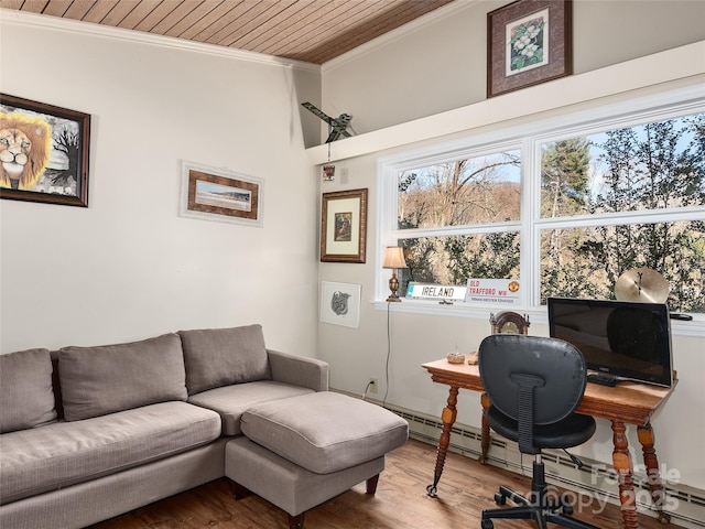 office area with hardwood / wood-style floors, wooden ceiling, a baseboard heating unit, and ornamental molding