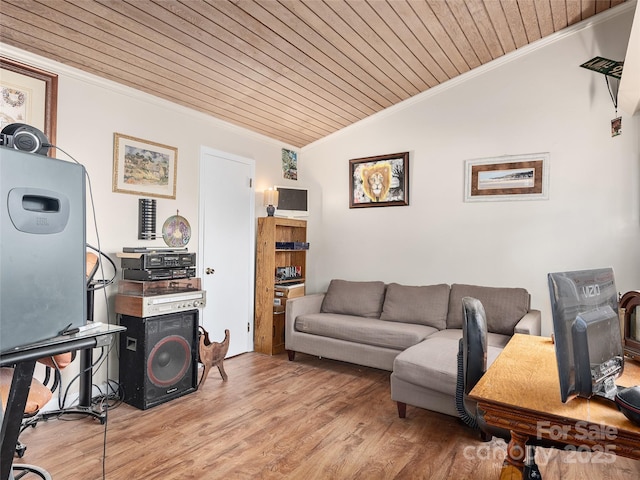 living area featuring wood ceiling, lofted ceiling, crown molding, and light wood finished floors