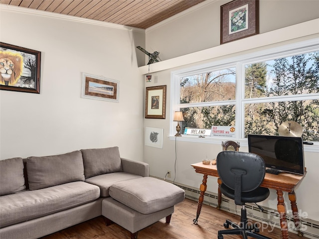 office featuring wooden ceiling, crown molding, a baseboard heating unit, and wood finished floors