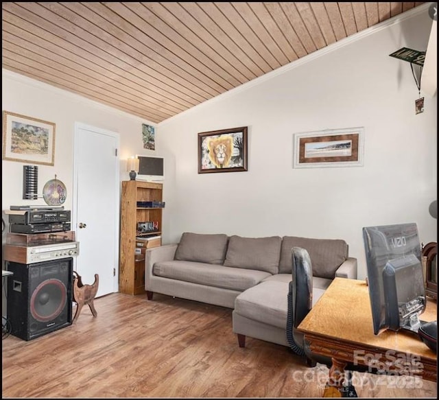 81 Jericho Dr, Tryon, NC 28782 - living area with wooden ceiling, ornamental molding, lofted ceiling, and wood finished floors