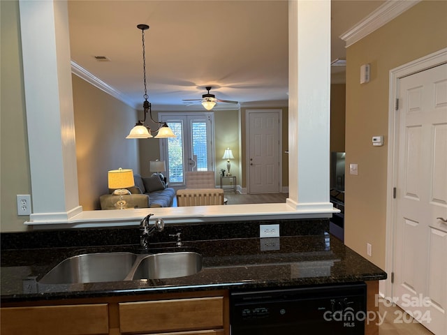 kitchen featuring crown molding, sink, dark stone countertops, dishwasher, and hanging light fixtures