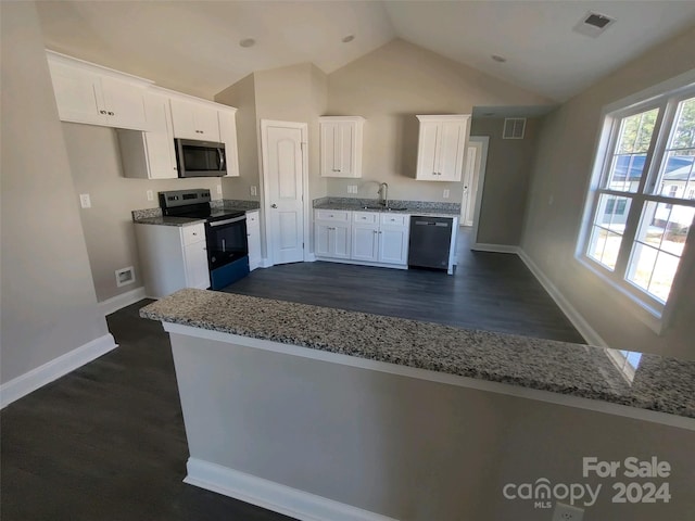 kitchen featuring light stone countertops, white cabinetry, dark wood-type flooring, vaulted ceiling, and appliances with stainless steel finishes