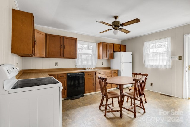 kitchen featuring ceiling fan, sink, white appliances, and ornamental molding