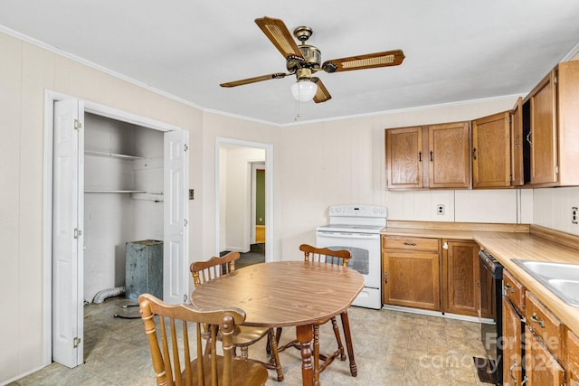 kitchen featuring ceiling fan, black dishwasher, ornamental molding, and white electric stove