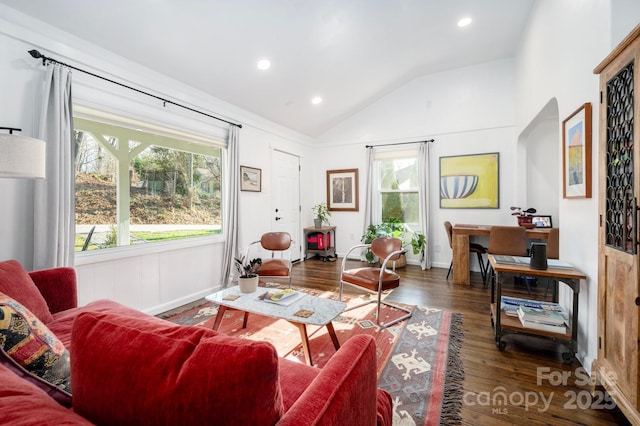 living room featuring plenty of natural light, dark hardwood / wood-style floors, and lofted ceiling