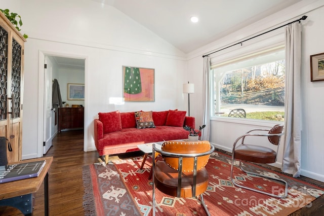 living room featuring dark hardwood / wood-style floors and lofted ceiling