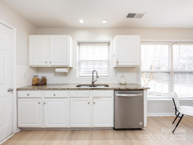 kitchen with sink, light stone counters, tasteful backsplash, white cabinets, and stainless steel dishwasher