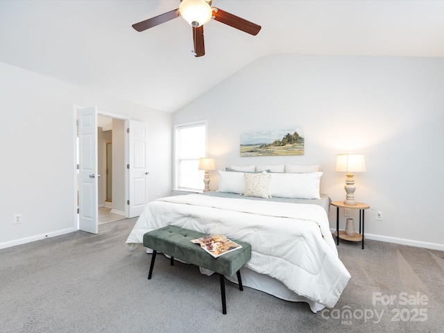 carpeted bedroom with lofted ceiling and ceiling fan