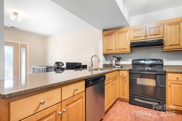 kitchen with sink, stainless steel dishwasher, kitchen peninsula, black range with electric stovetop, and light stone countertops