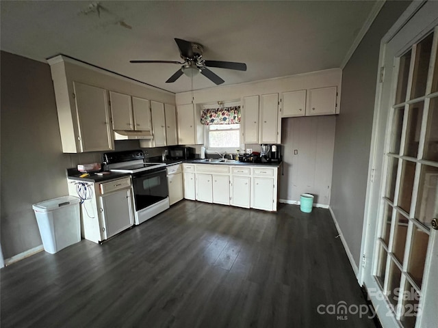 kitchen with ceiling fan, sink, dark wood-type flooring, white appliances, and white cabinets