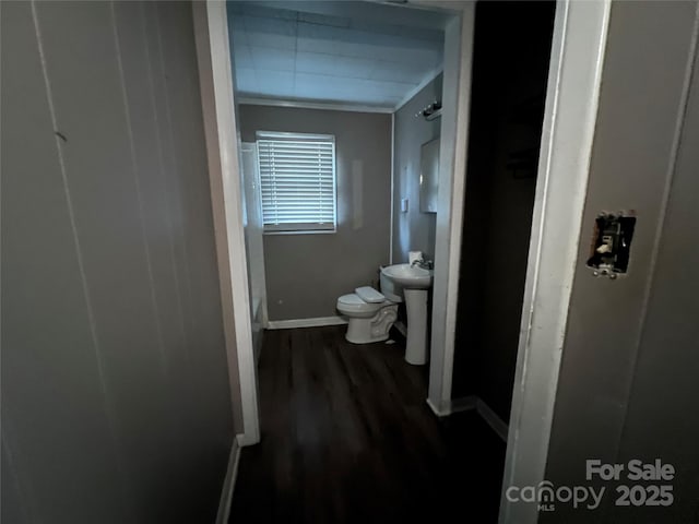 bathroom with hardwood / wood-style floors, toilet, and sink