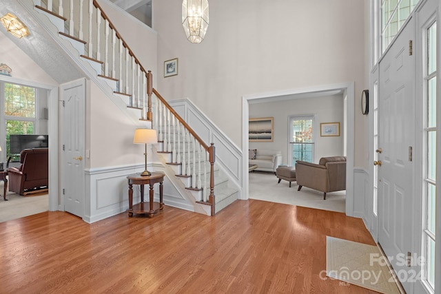 foyer with a towering ceiling, light hardwood / wood-style flooring, and a wealth of natural light