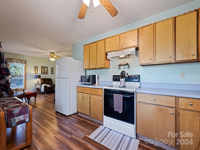 kitchen with a textured ceiling, ceiling fan, dark wood-type flooring, and white appliances