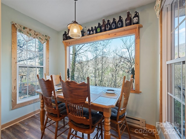 dining room featuring dark hardwood / wood-style flooring and a baseboard heating unit