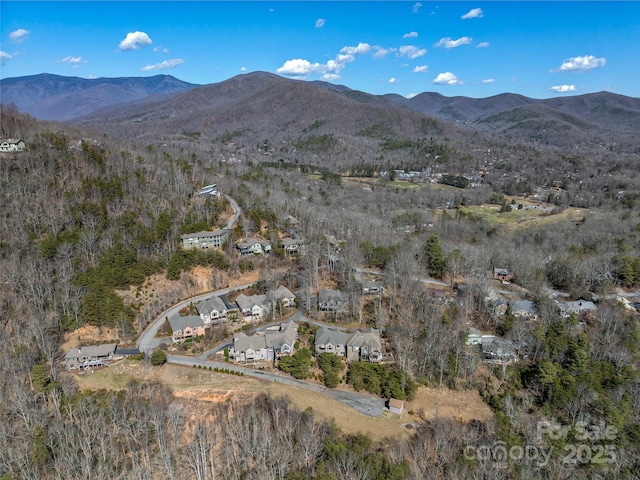 drone / aerial view featuring a mountain view