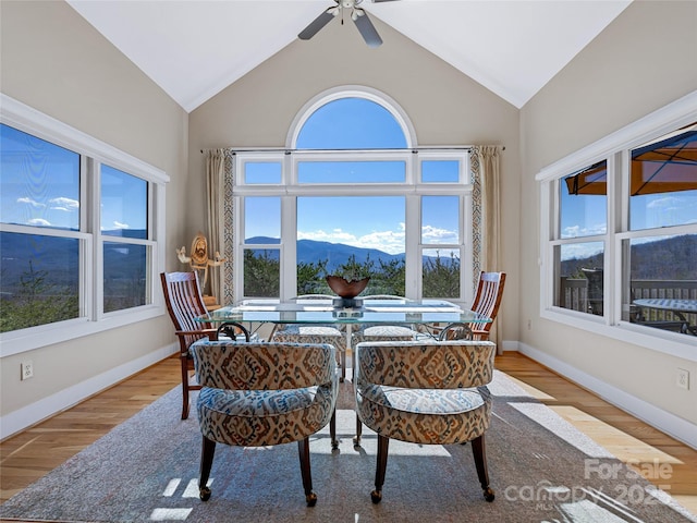 20 Red Plum Ln, Black Mountain, NC 28711 - dining space with high vaulted ceiling, a mountain view, wood finished floors, a ceiling fan, and baseboards