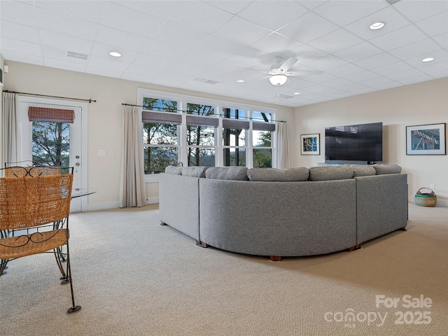 20 Red Plum Ln, Black Mountain, NC 28711 - living room with baseboards, visible vents, a ceiling fan, a paneled ceiling, and recessed lighting