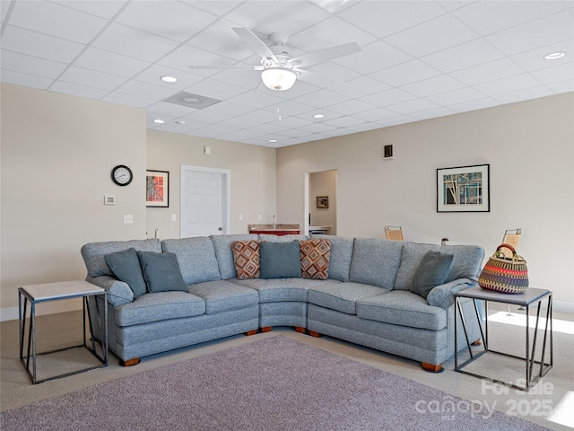 20 Red Plum Ln, Black Mountain, NC 28711 - living area featuring carpet floors, a paneled ceiling, a ceiling fan, and recessed lighting