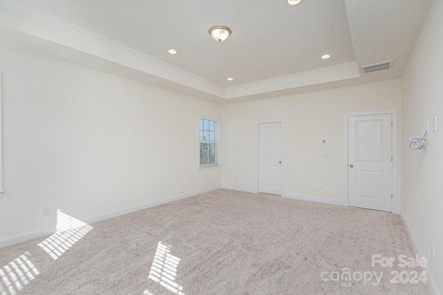 empty room with a tray ceiling, light carpet, and ornamental molding