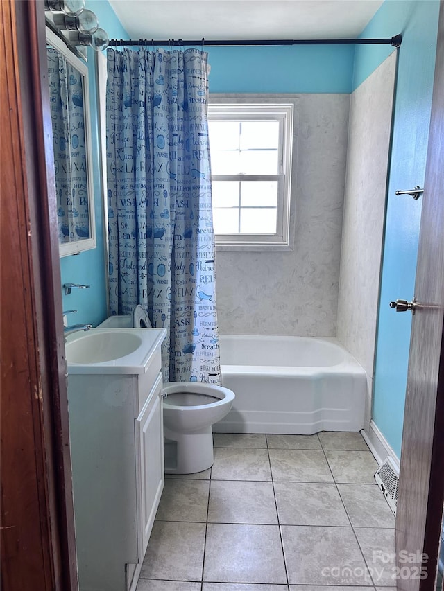 full bathroom featuring shower / bathtub combination with curtain, tile patterned flooring, vanity, and toilet