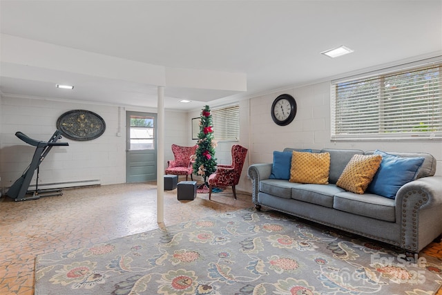 living room featuring a baseboard heating unit