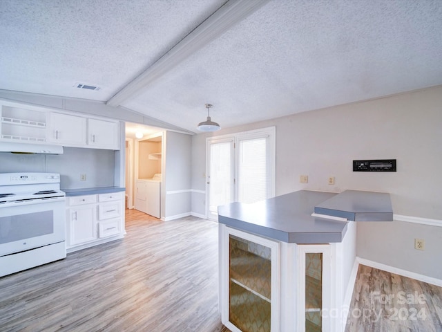 kitchen featuring white range with electric cooktop, washer and clothes dryer, white cabinets, and light hardwood / wood-style floors