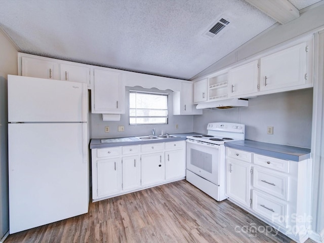 kitchen with a textured ceiling, white cabinetry, light hardwood / wood-style flooring, and white appliances