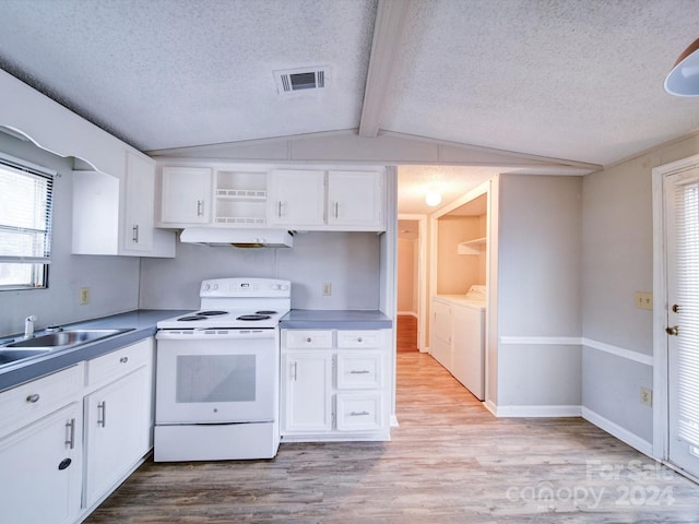 kitchen with independent washer and dryer, light hardwood / wood-style flooring, white range with electric stovetop, and white cabinetry