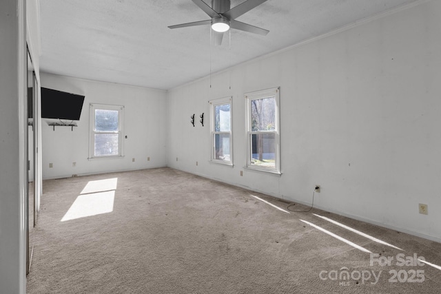 carpeted empty room featuring a textured ceiling and ceiling fan