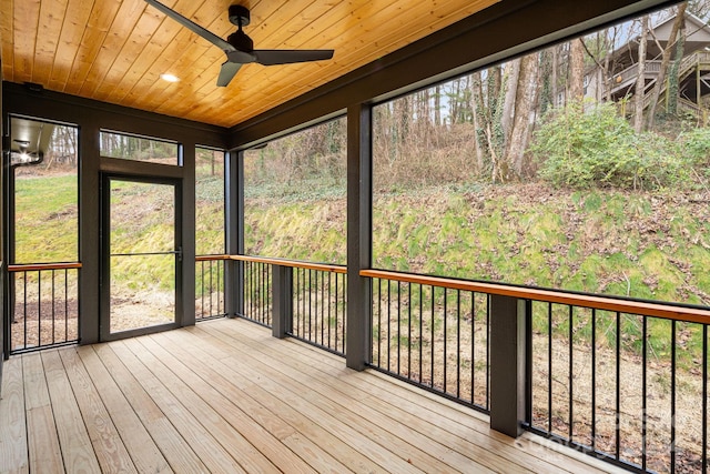 unfurnished sunroom with ceiling fan and wooden ceiling