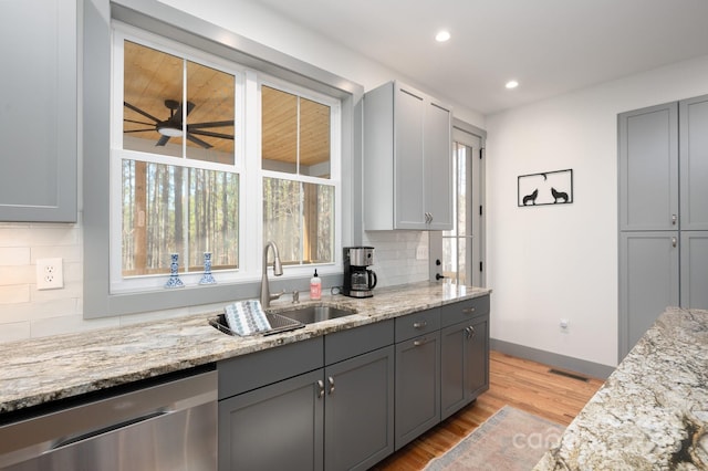 kitchen featuring stainless steel dishwasher, gray cabinets, and backsplash