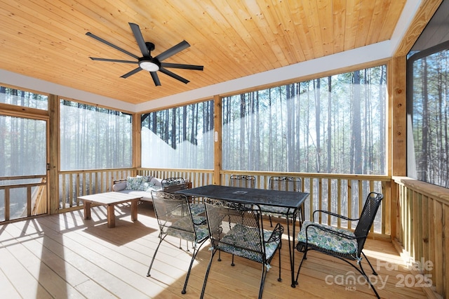 sunroom / solarium featuring ceiling fan and wooden ceiling