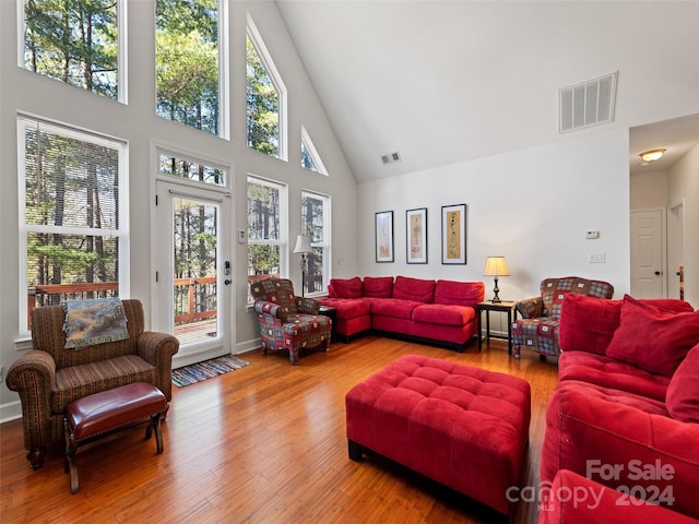 living room featuring wood-type flooring and high vaulted ceiling